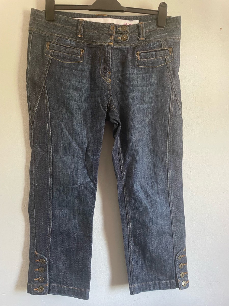 NEXT Dark Indigo Denim Cropped Jeans | Double Waist & Button Hem Detail | Size UK 14