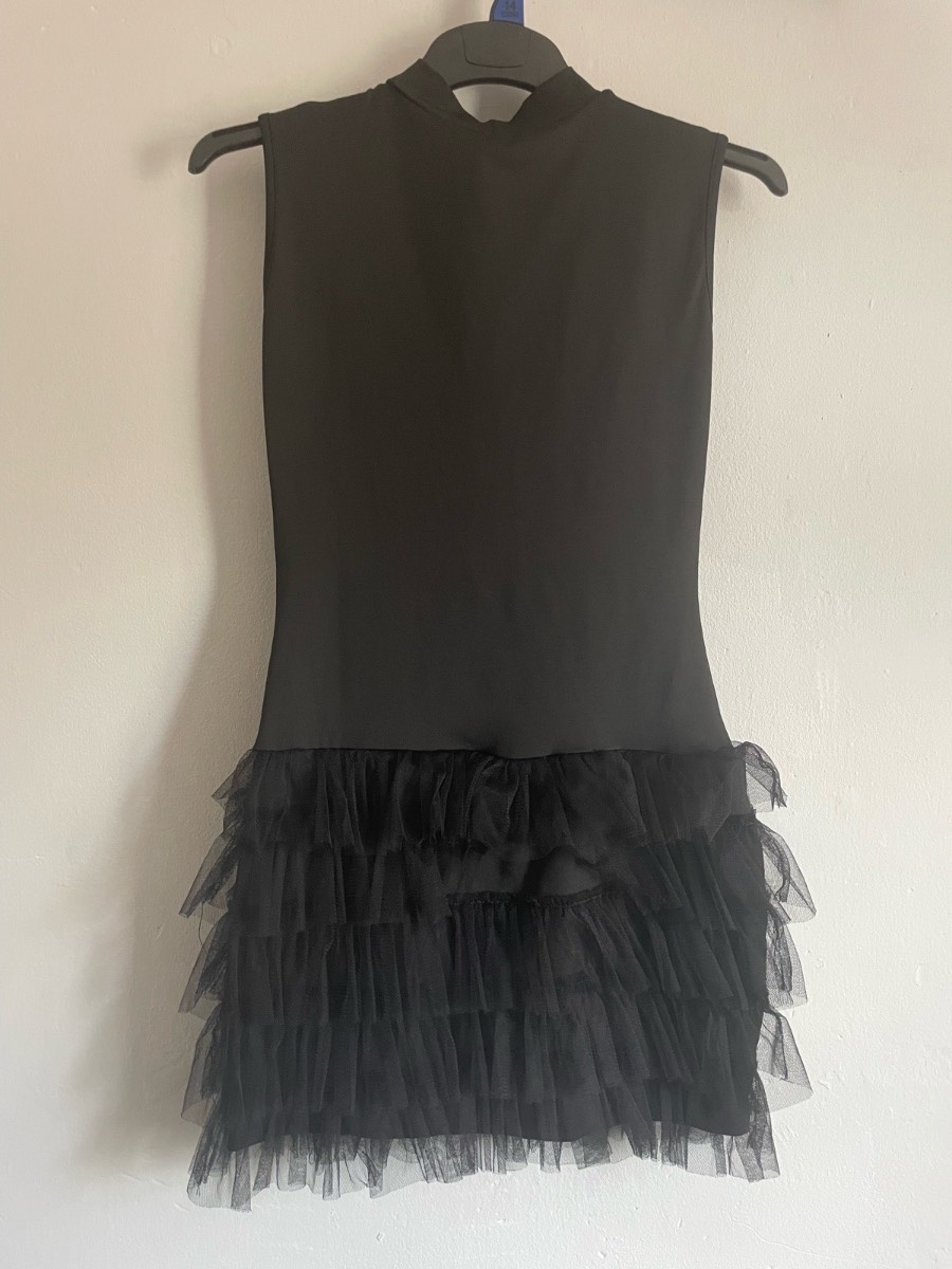 Black Sleeveless High‑Neck Mini Dress | Fitted Style with Tiered Tulle Ruffle Skirt | Size M