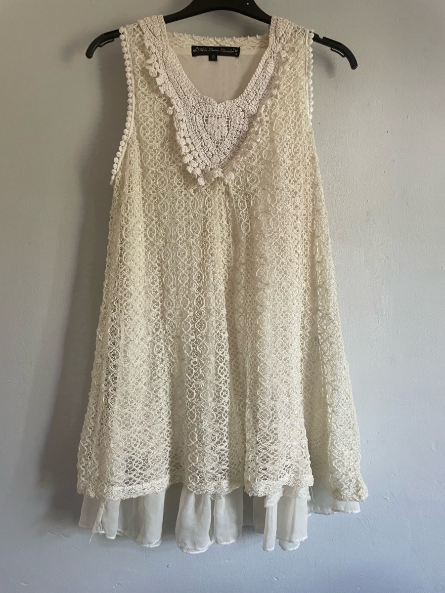 Cream Crochet Lace Swing Dress | Sleeveless Layered Hem | Size 8