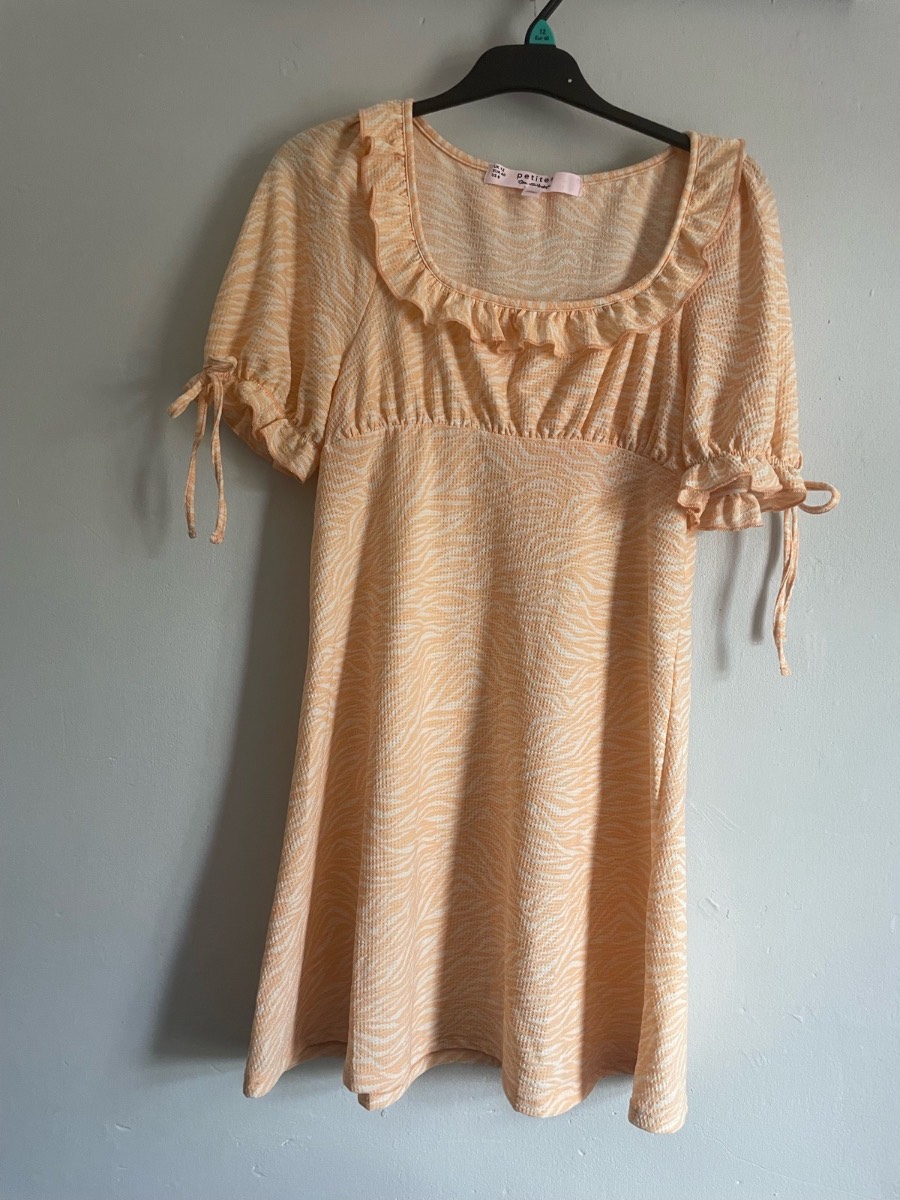 Miss Selfridge Petites Orange Zebra Print Mini Dress | Ruffle Neck & Tie Sleeves | Size 12