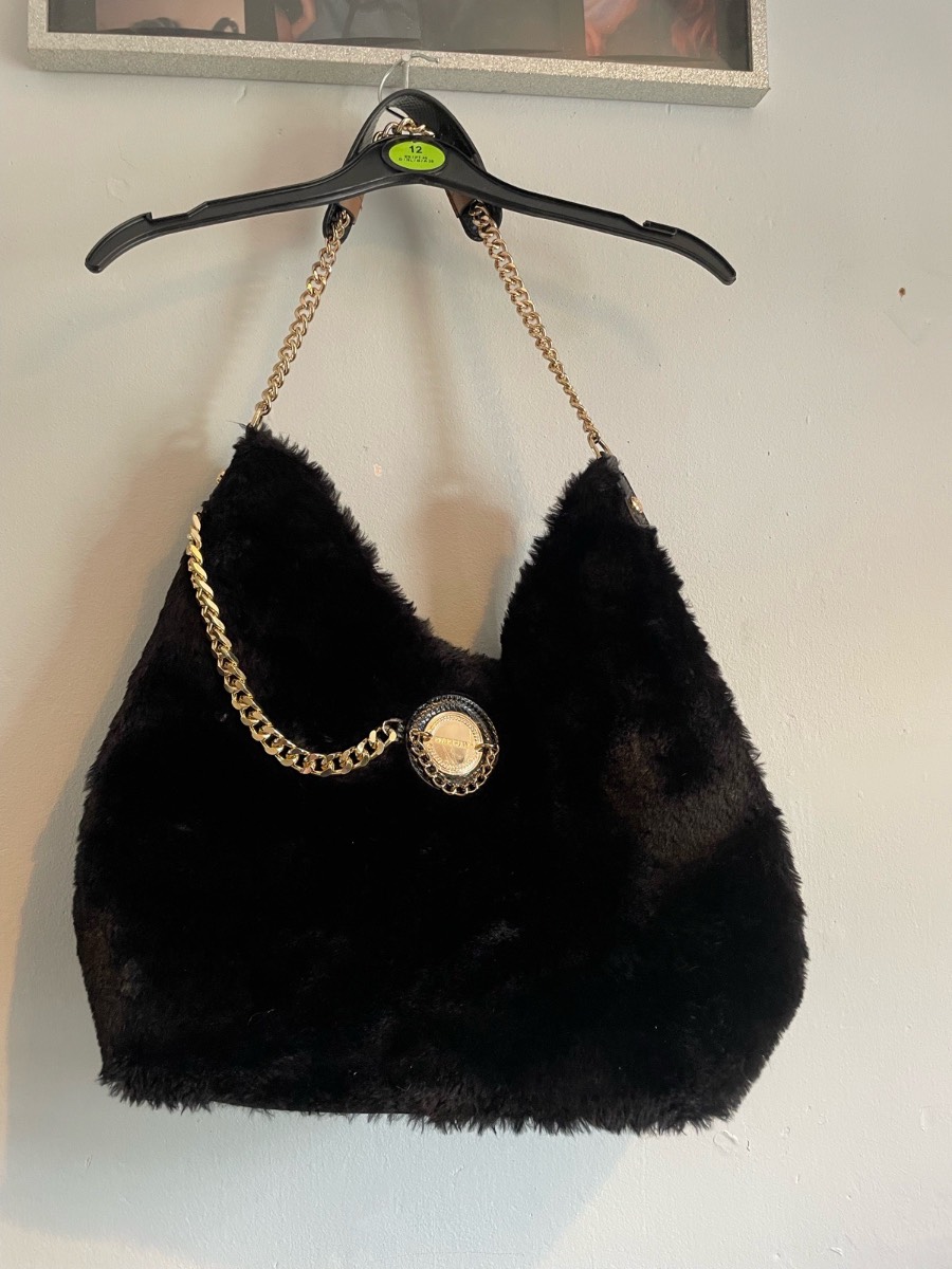 Black Faux Fur river island Shoulder Bag | Gold Chain & Medallion Detail | Large Soft Hobo Style