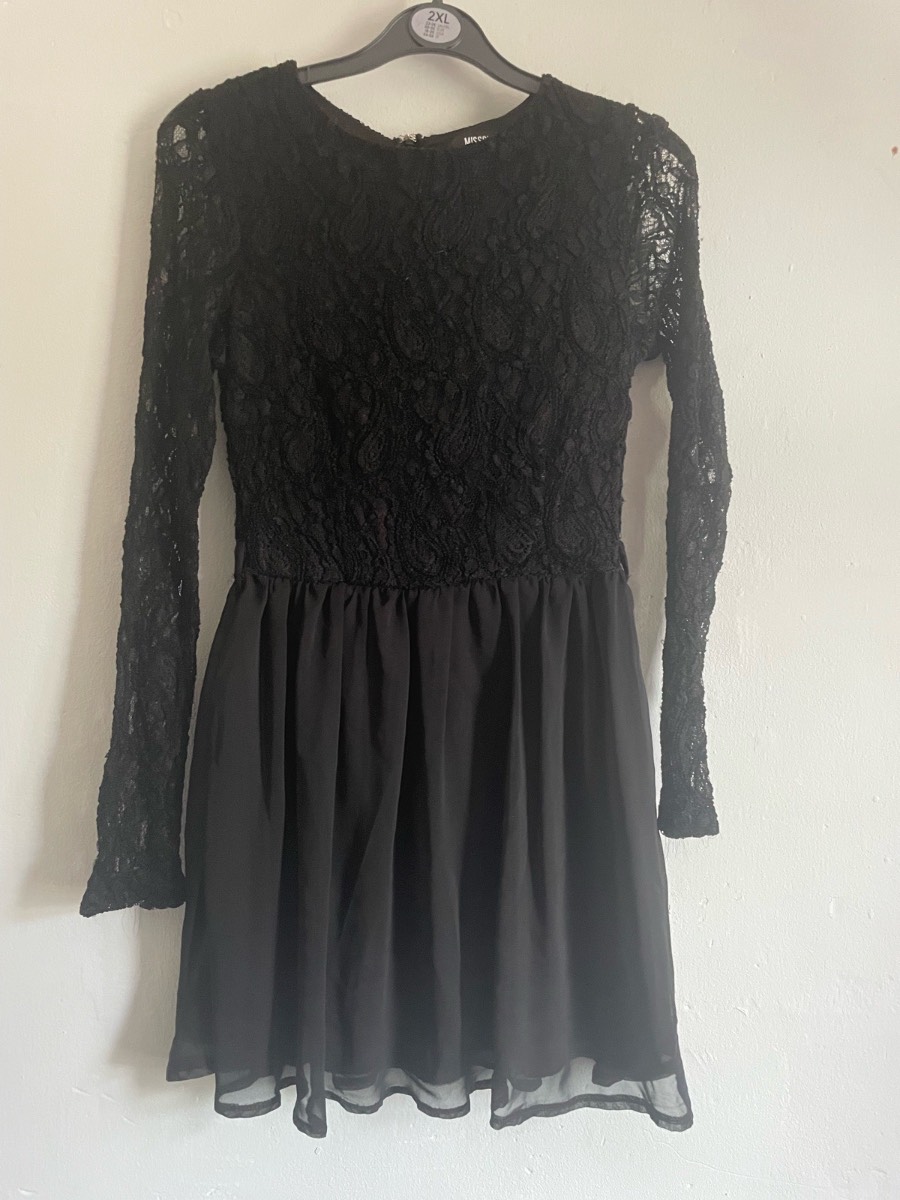 Missguided Black Lace Long Sleeve Skater Dress | Fit & Flare Mini | Size UK 10