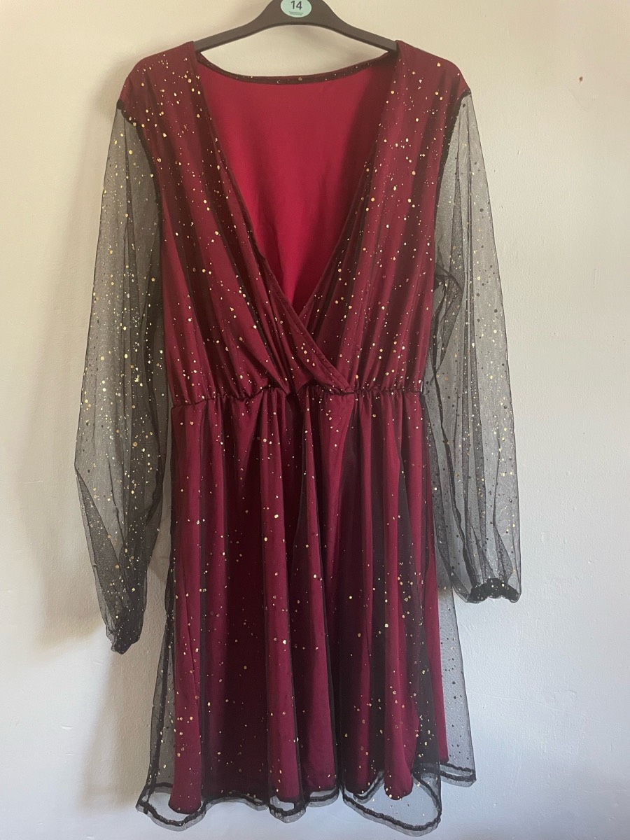 Burgundy & Black Glitter Mesh Mini Dress | Long Sleeve Wrap Front | Size XL Tall