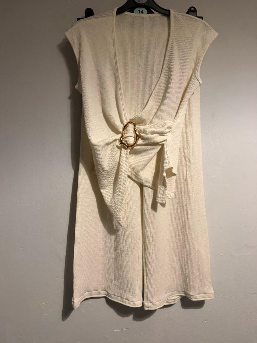 Cream Textured Co‑ord Set | Sleeveless Top & Wide Leg trousers with Gold Buckle | Size S
