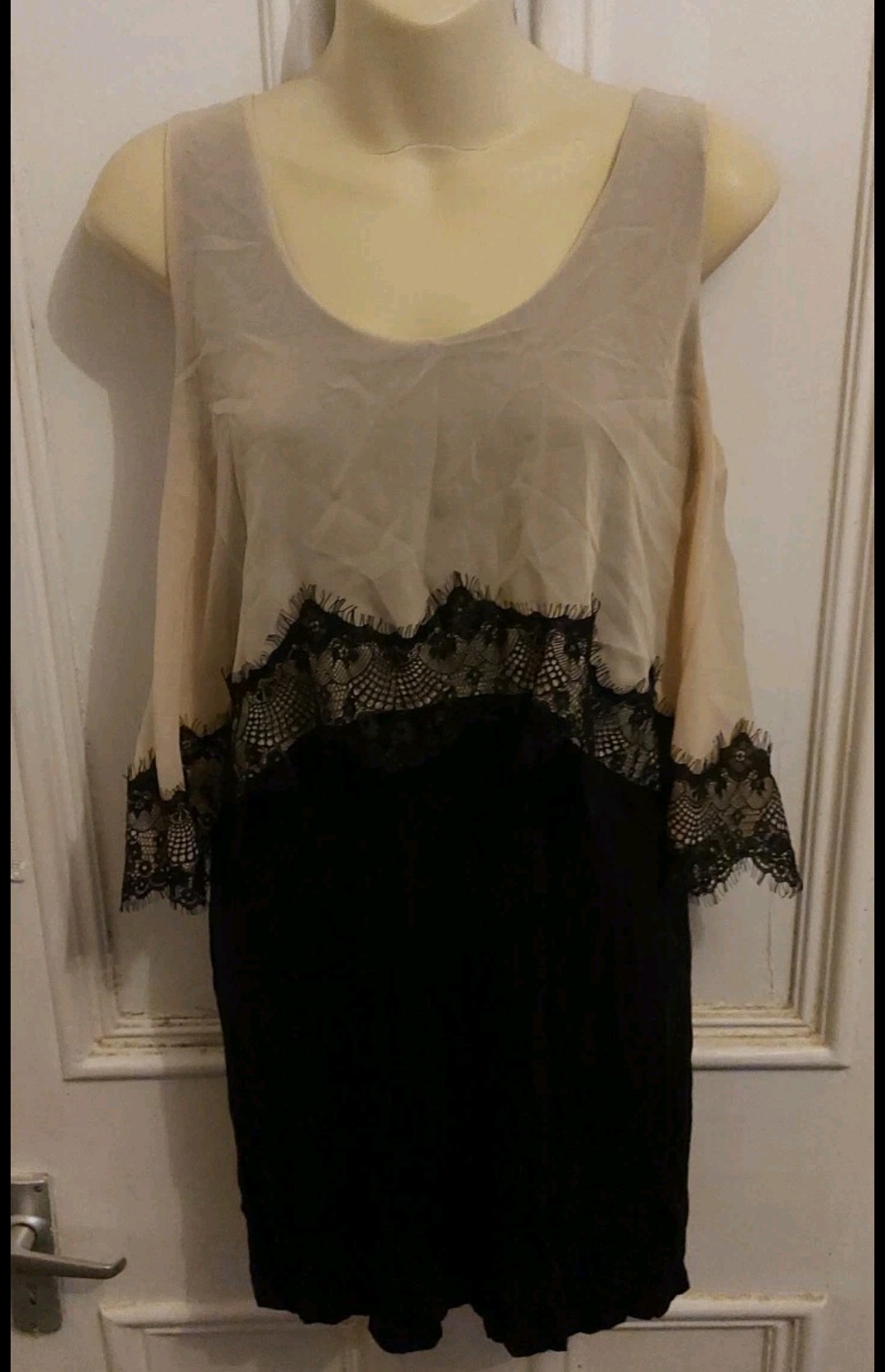 Ribbon Black Cream Layered Pencil Dress Lace Trim Sleeveless Round Neck Size 10
