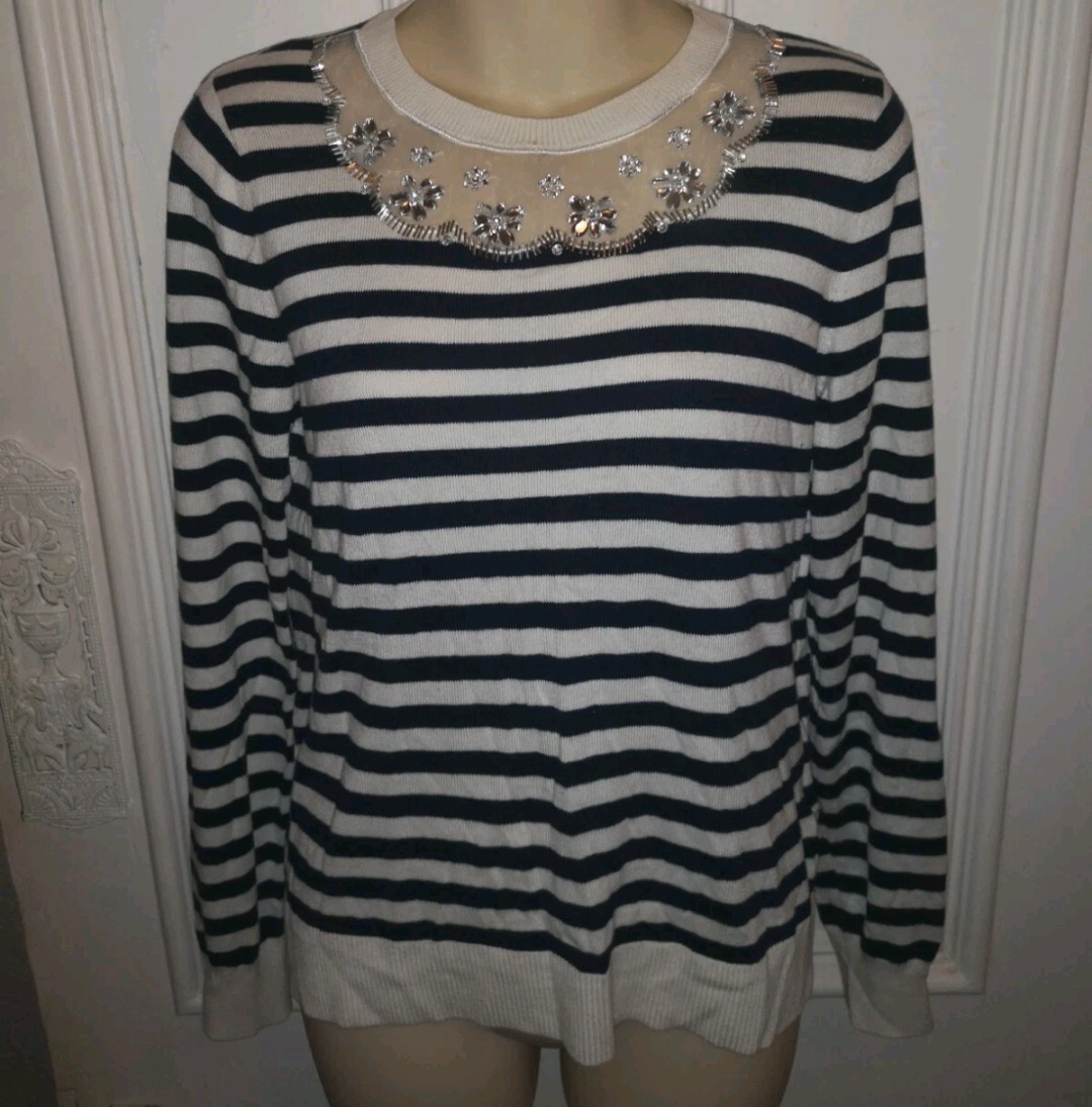 Oasis Black White Striped Jumper Sheer Trim Gem Long Sleeve Tight Knit Size M