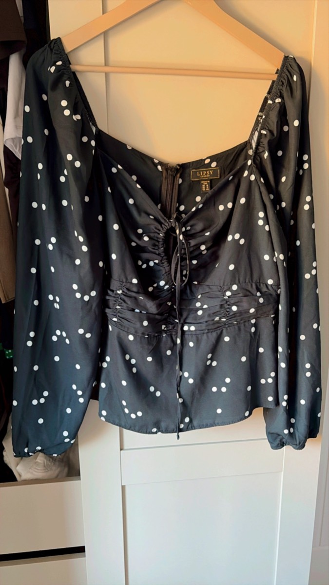 Lipsy black polka dot gypsy milkmaid top blouse size 16