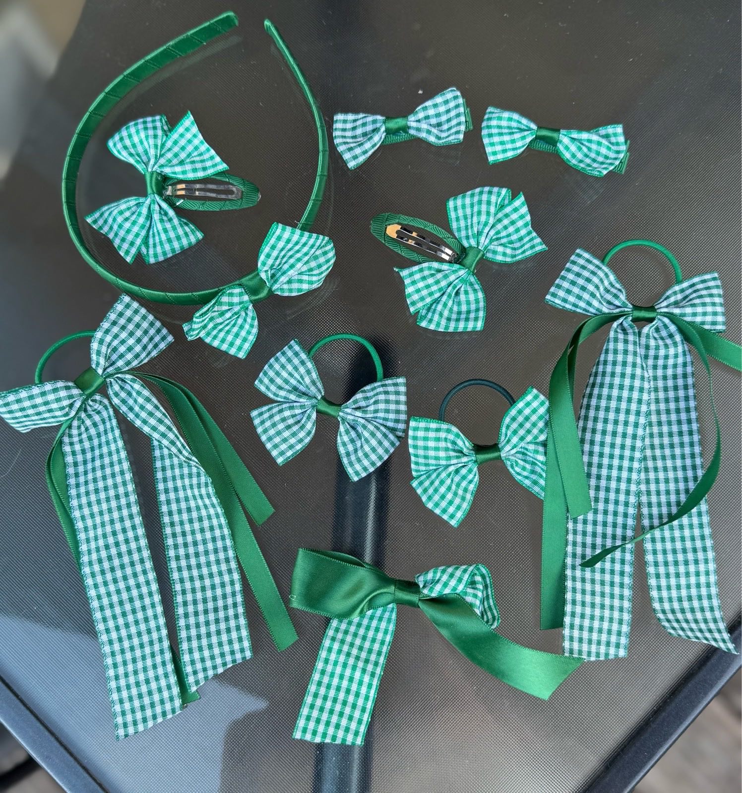 Back to school green gingham hair accessories