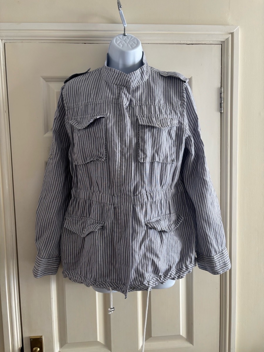 SUSSAN 100% Linen Pinstripe Utility Military Jacket Size 10 Grey White Safari