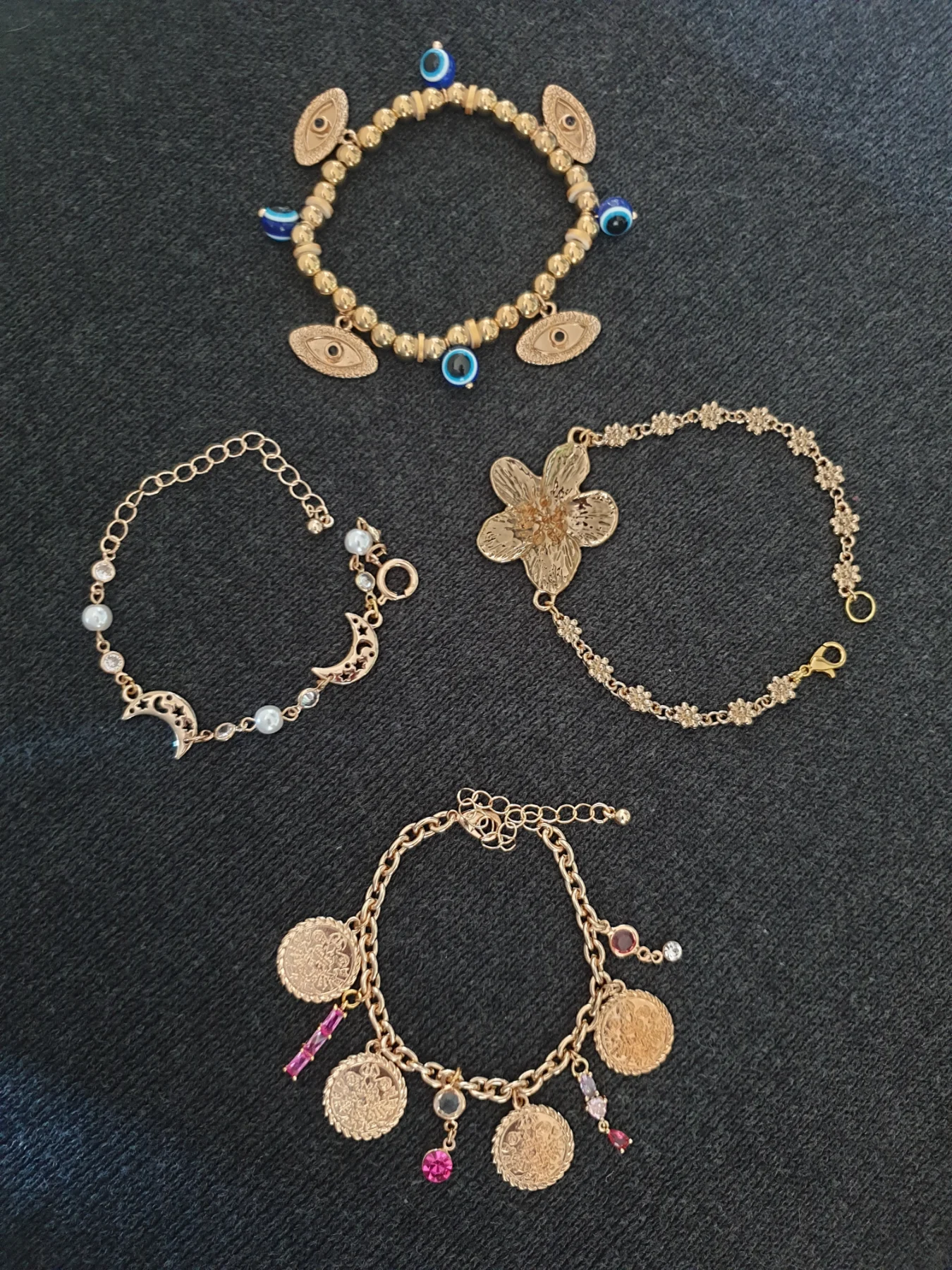 Stunning Bracelet Collection:Flowers, Moon & Stars, Evil Eye, And Medallions With Pink Gems. NEW