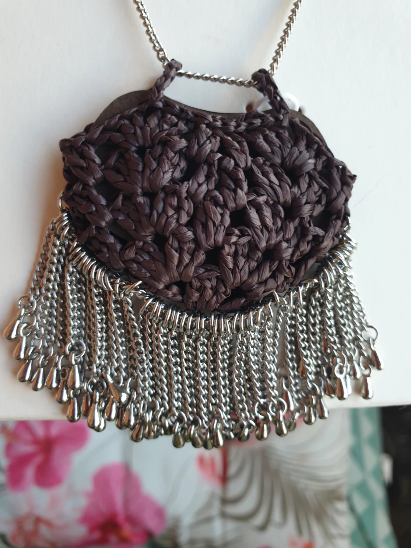 ZARA long necklace. Brown woven pendant purse with silver chain fringe. Brand new