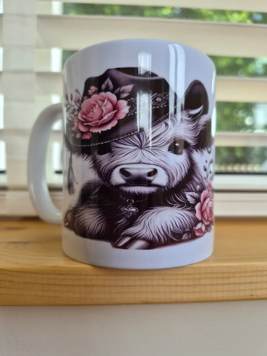 Black and white highland cow mug