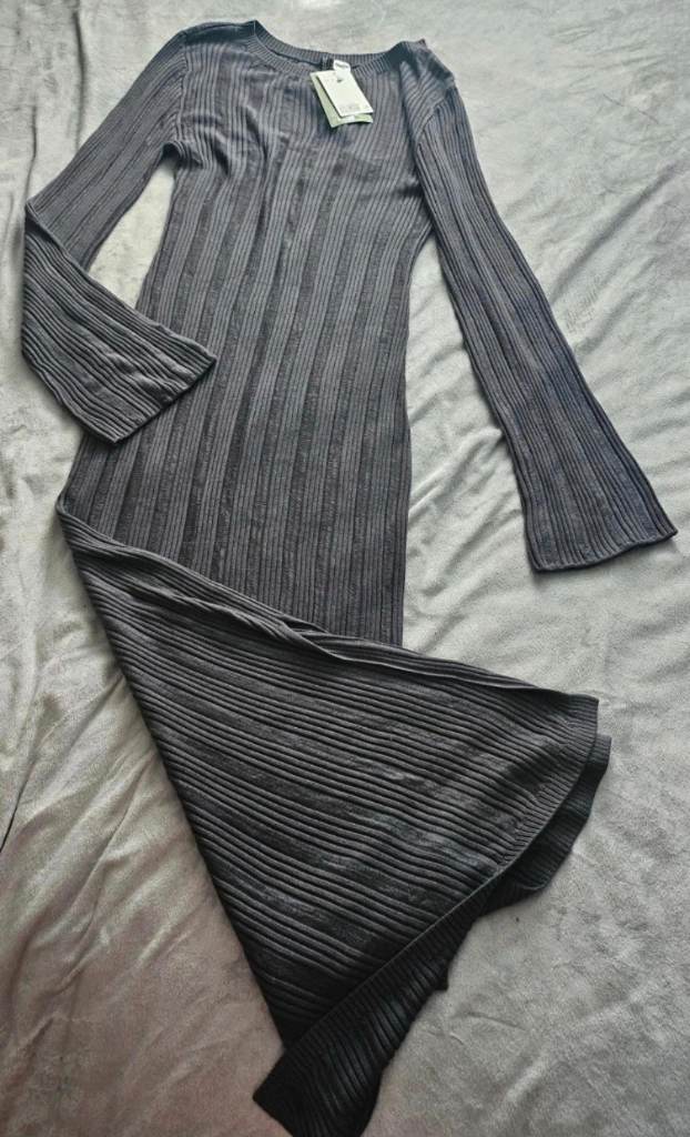 H&M Grey Maxi Dress UK 8 Tall | Summer Long Flowy Dress Flared Sleeves