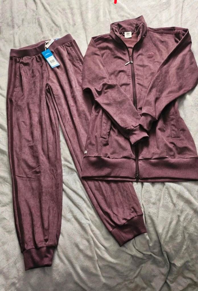 Adidas Plum Velvet Tracksuit UK 6 Joggers & Size 8 Zip Jacket Soft Velour Co-Ord