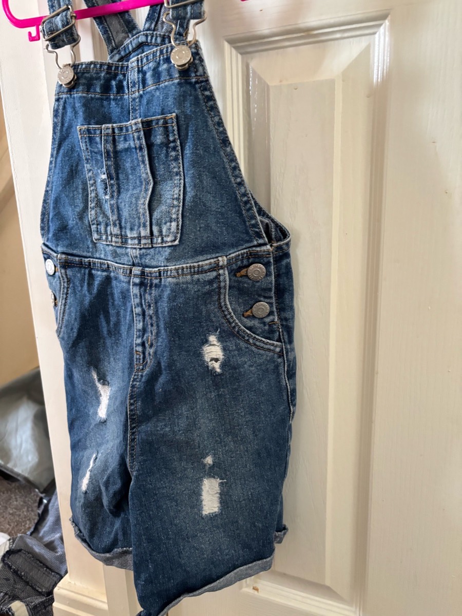 Mid blue distressed dungarees shorts