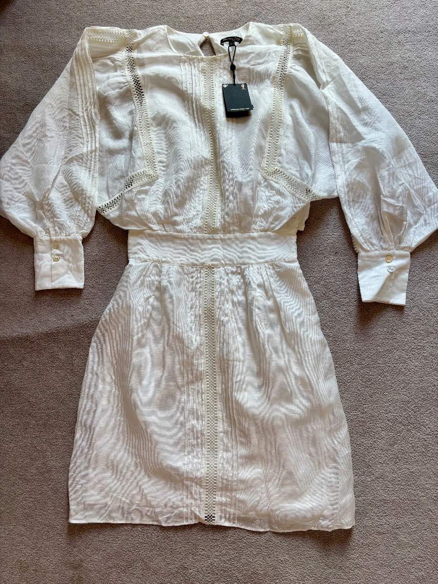 Massimo Dutti White Linen Blend Mini Summer Holiday Cottagecore Dress BNWT EU 34