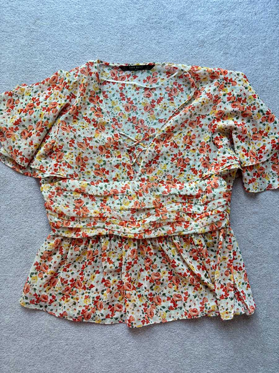 Zara Size S Floral Peplum Summer Festival Holiday Blouse | Puff Sleeve Ruched Top