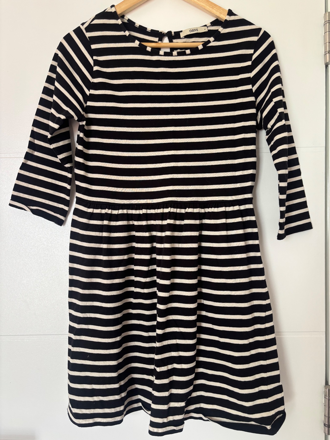 Oasis Black & White Striped Cotton Autumn Dress Size M