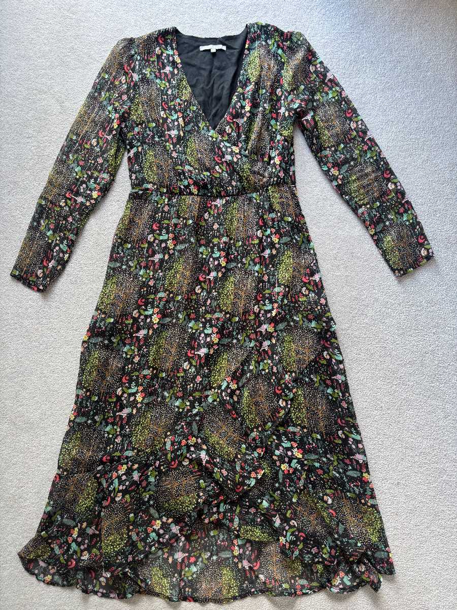 Oliver Bonas Black Floral Woodland Print Midi Dress UK 8 Long Sleeve V-Neck Boho