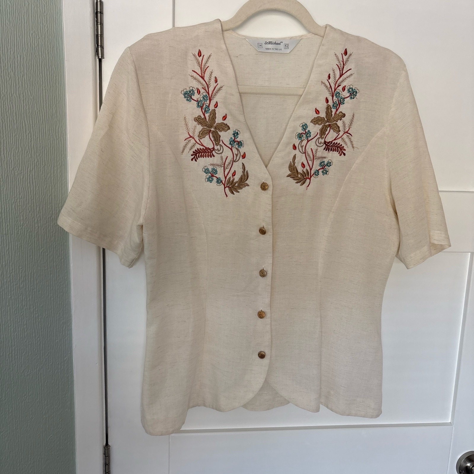 Vintage St Michael Linen Blend Cream Blouse With Floral Embroidery Size 14 36"