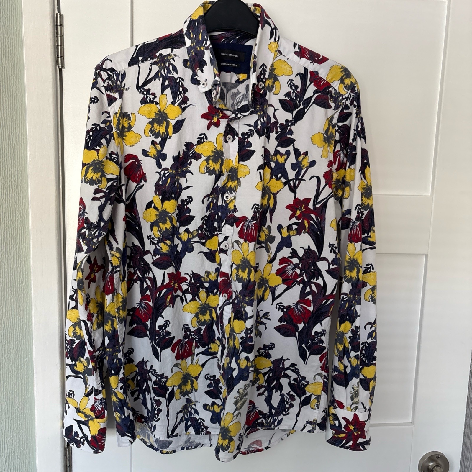 Guide London Shirt Floral Iris tropical print L 42" white purple yellow red blue