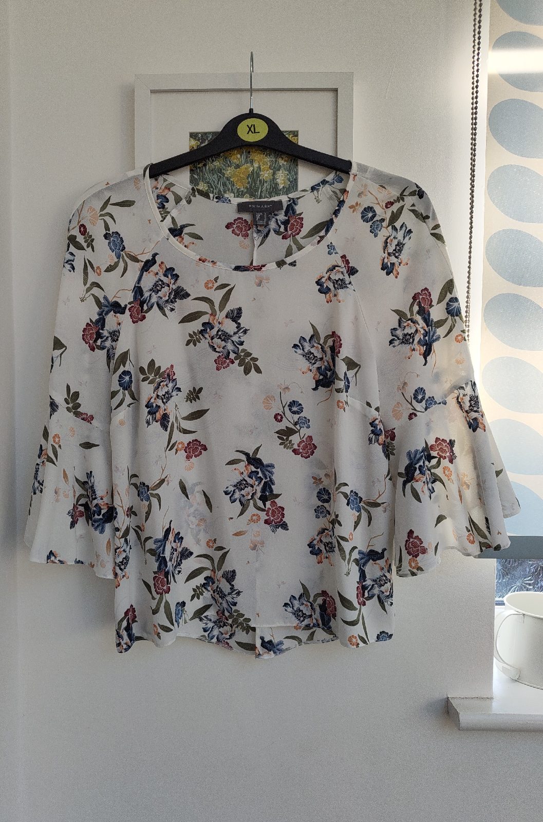 White Primark Floral Blue Burgundy Print 3/4 Bell Sleeves Blouse Size 16