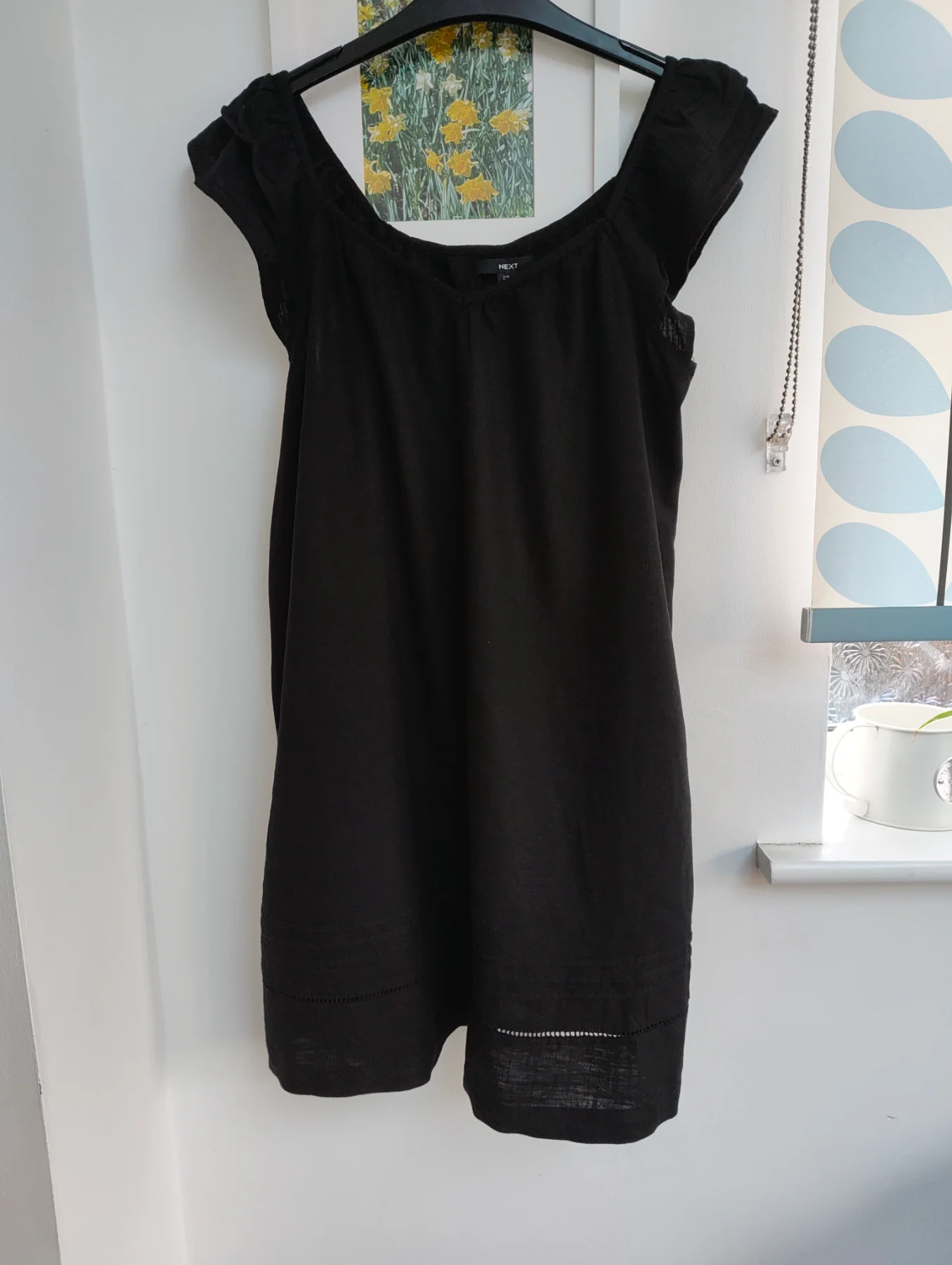 Black Next Ruffle Sleeved V Neck Linen Blend Dress Size 12