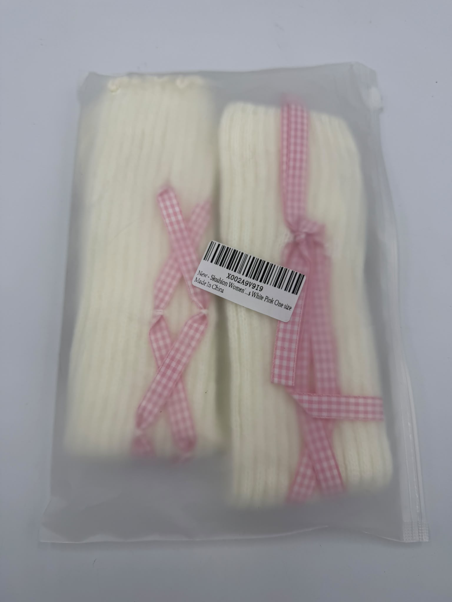 White Knit Leg Warmers Arm Warmers Pink Gingham Ribbon Coquette Cottagecore One Size