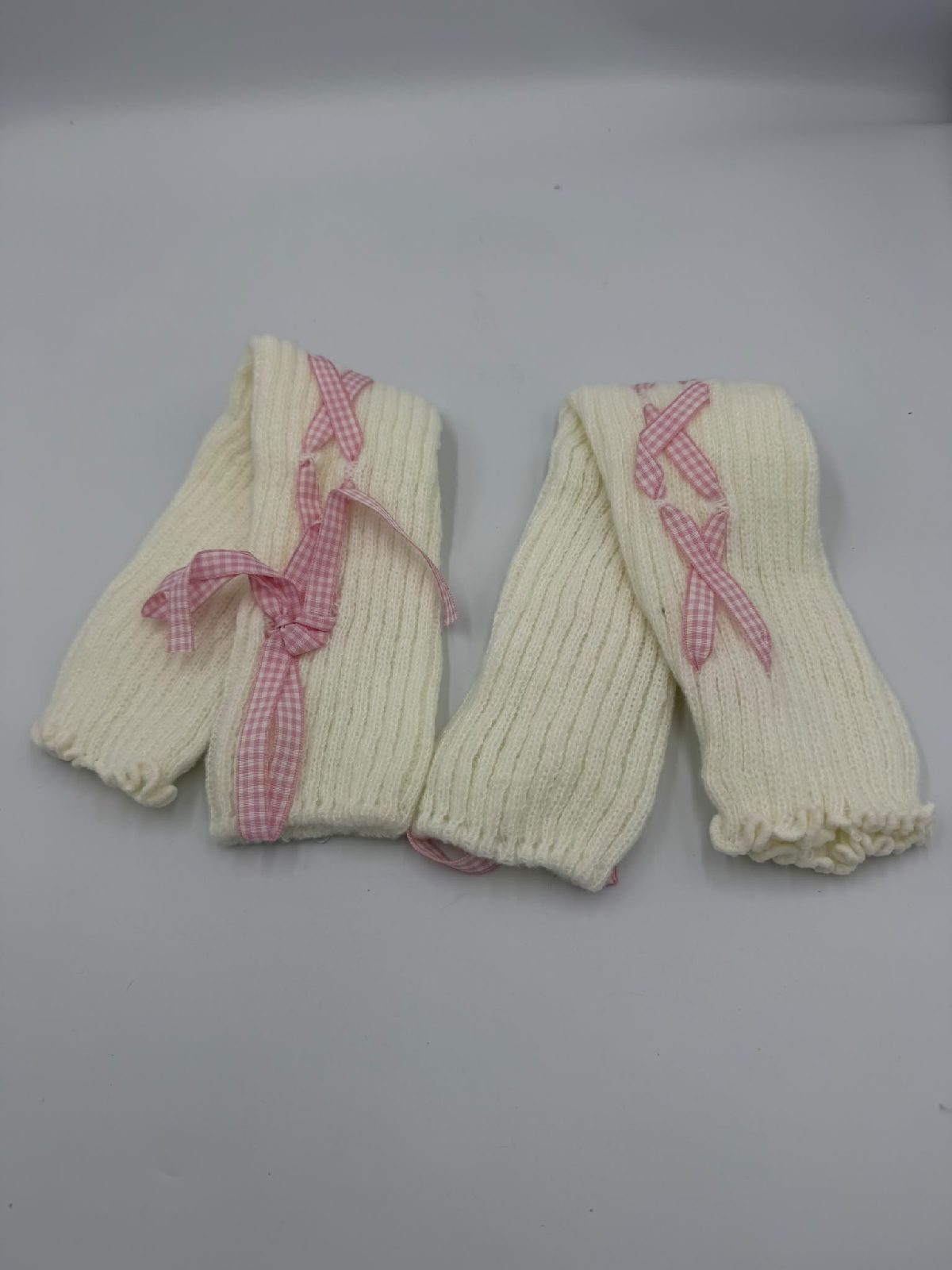 Cream Knit Leg Warmers Pink Gingham Bow Lace Up Coquette Balletcore One Size