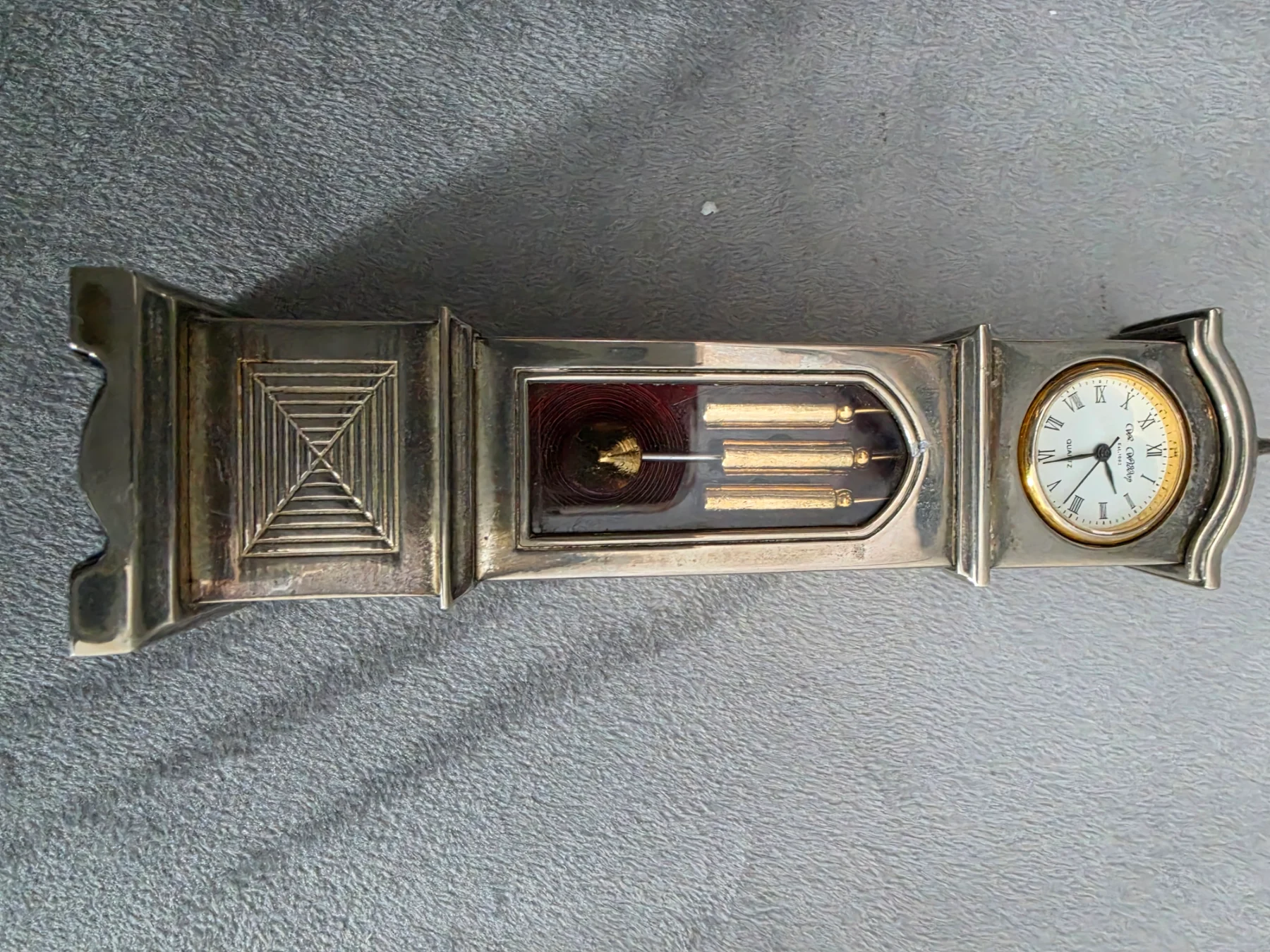 Vintage Wm. Widdop Miniature Silver Grandfather Clock / Novelty Quartz Mantel Clock