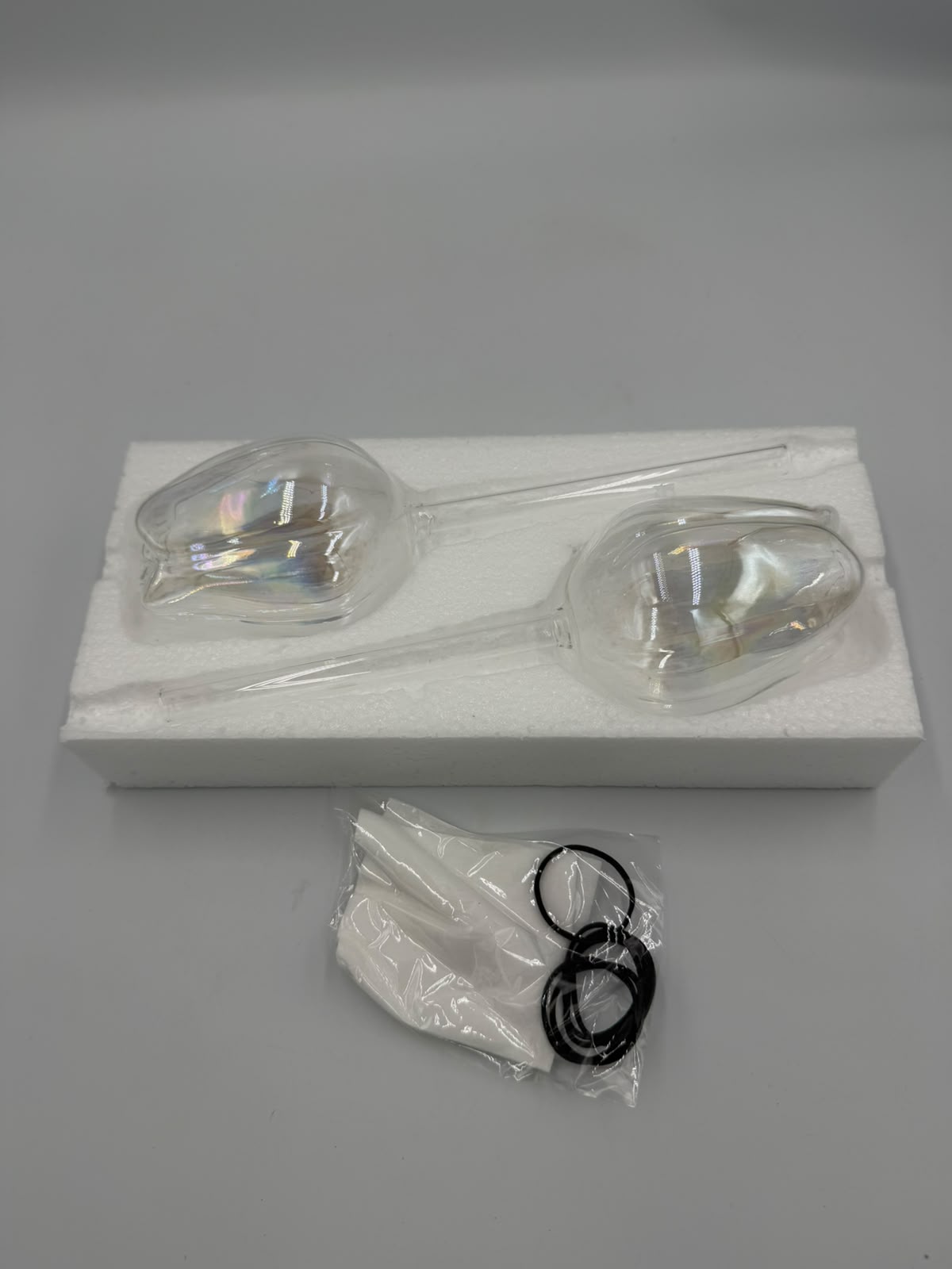 Set of 2 Clear Glass Tulip Self Watering Plant Globes Automatic Drip Waterers Brand New