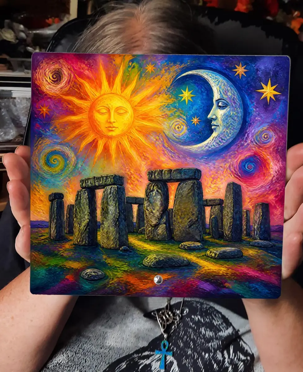Stonehenge Sun Moon and Stars Large 20cm Glass Panel Picture decoration with built in Stand