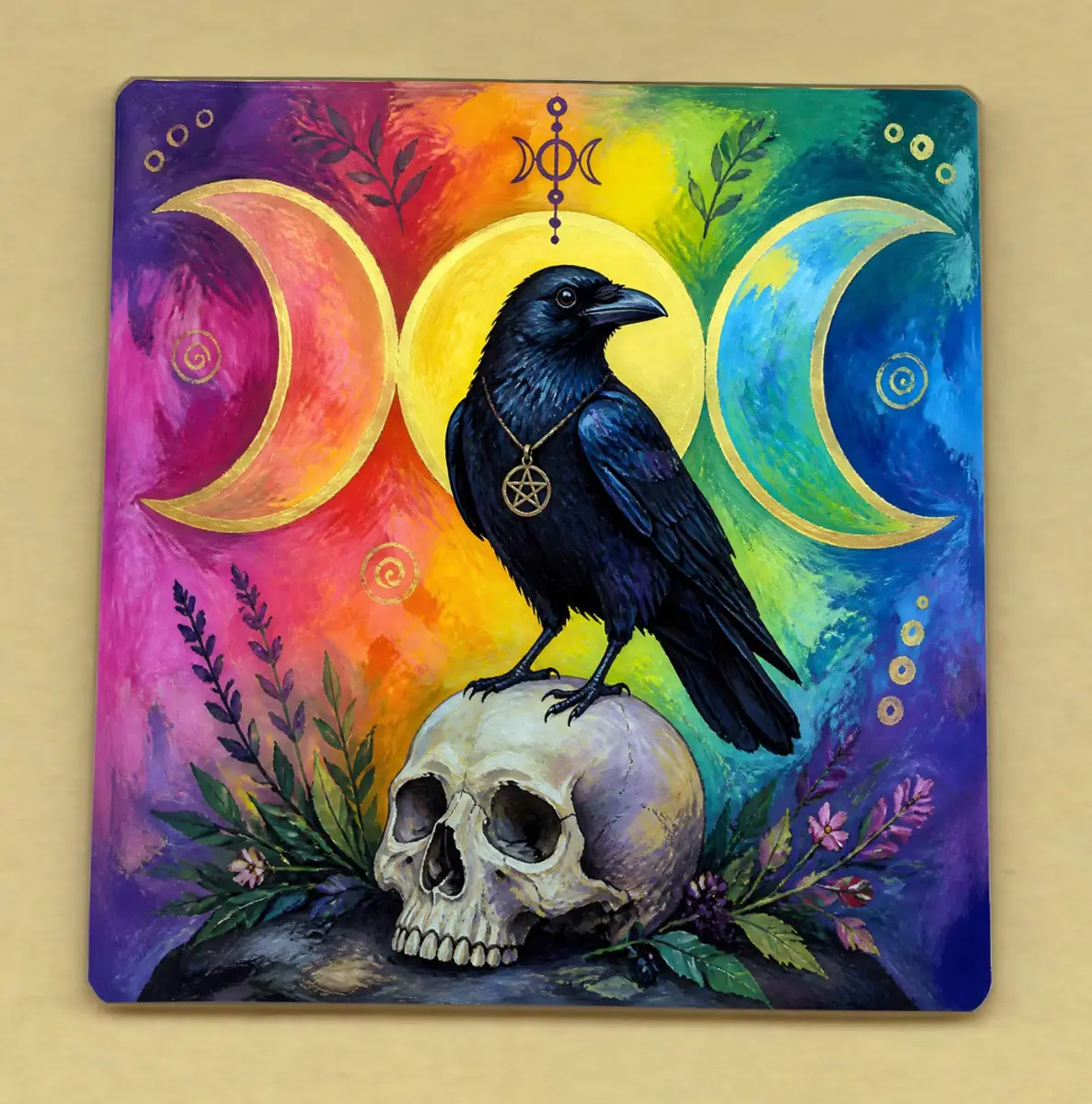 Pagan Triple Moon Raven with Skull Small 10cm Glass Picture decoration with hook