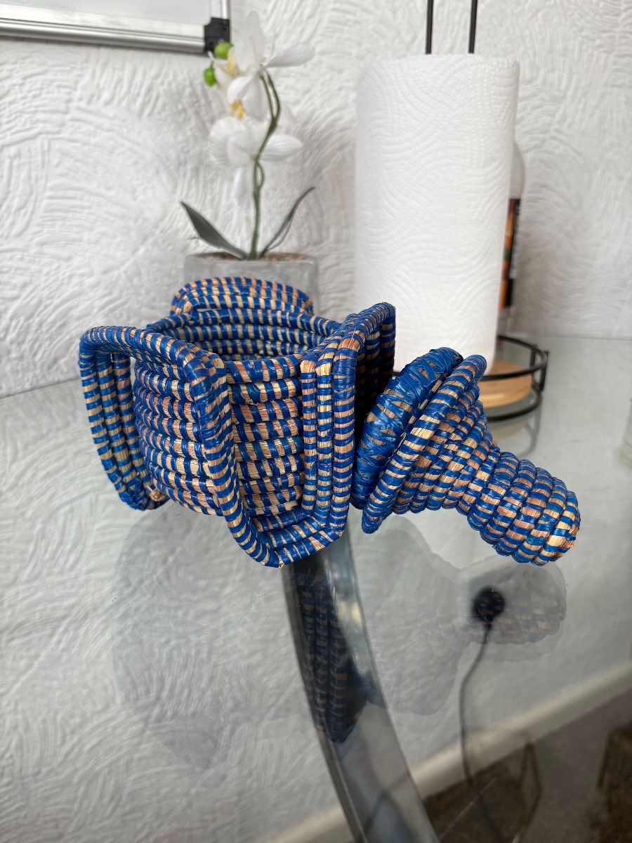 Vintage Handwoven African Winged Trinket Basket Blue Tan Conical Lid Boho Storage