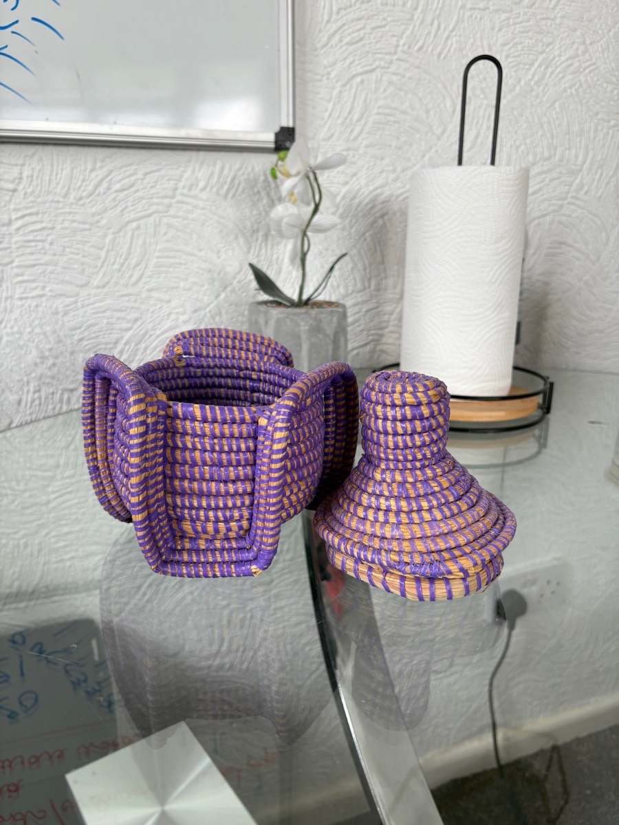 African Winged Trinket Basket Blue Tan Conical Lid Boho Storage