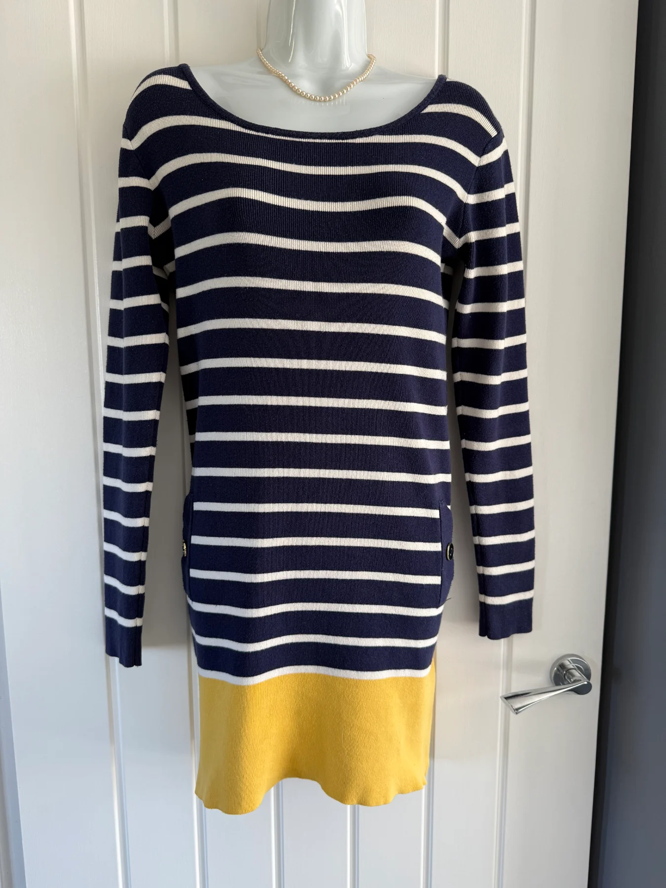 Joules Size 10 Knit Dress – 80% Cotton, Navy/White Stripe, Mustard Hem, Decorative Pockets