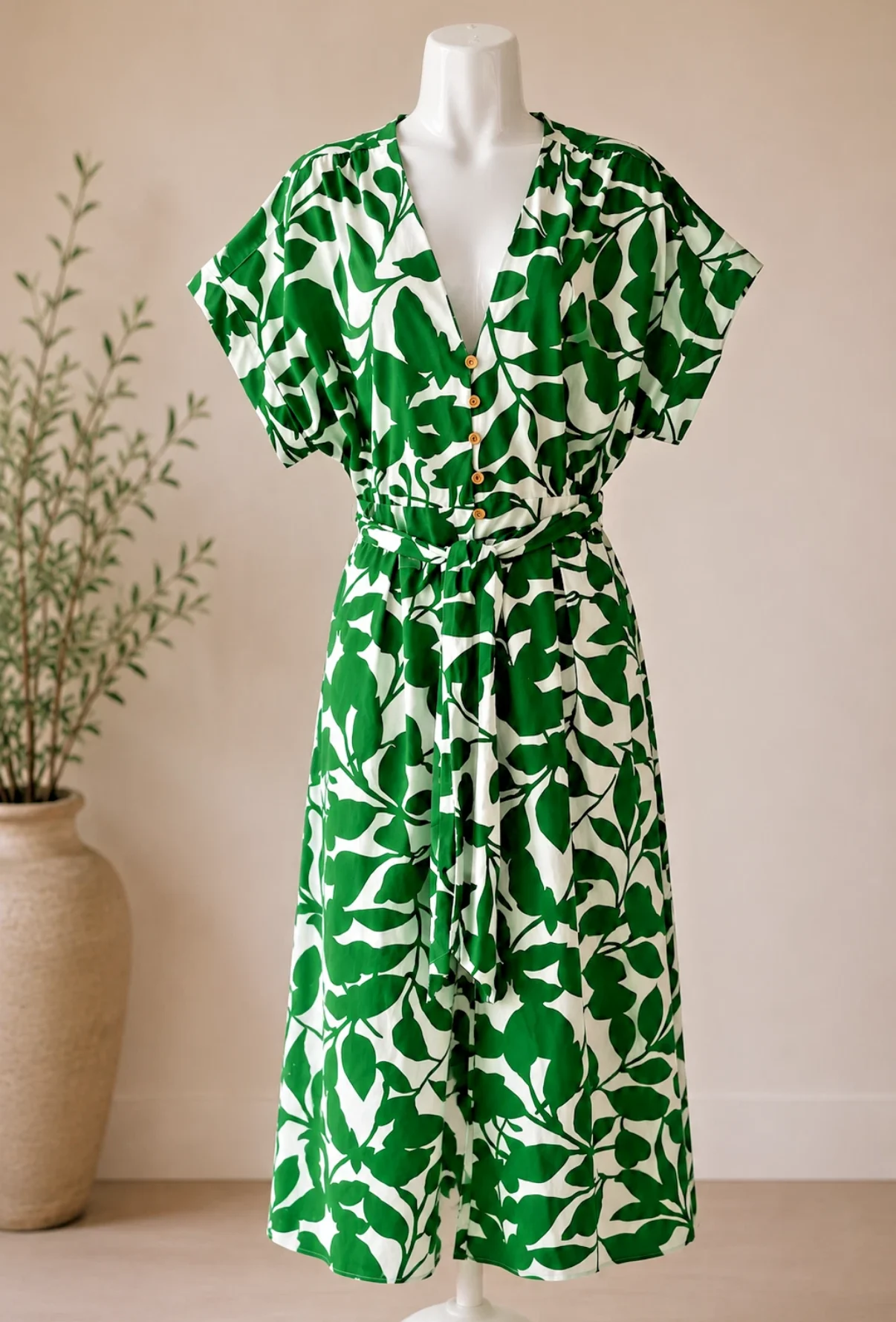 Zara Green Leaf Print Cotton Dress XL Belted Button Front Style With Pockets