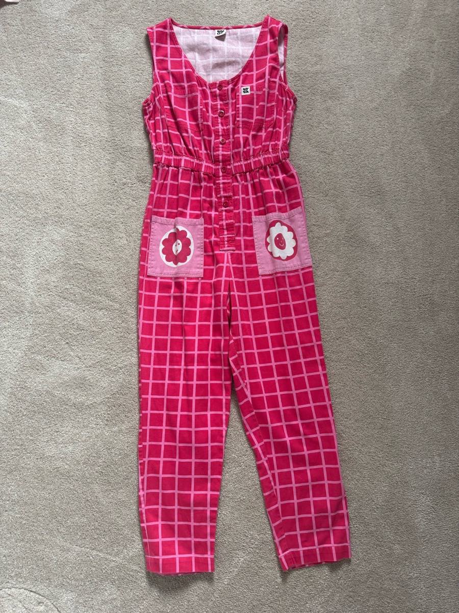 Lucy & Yak Pink Grid Print Sleeveless Jumpsuit Dungarees Flower Pockets Size M