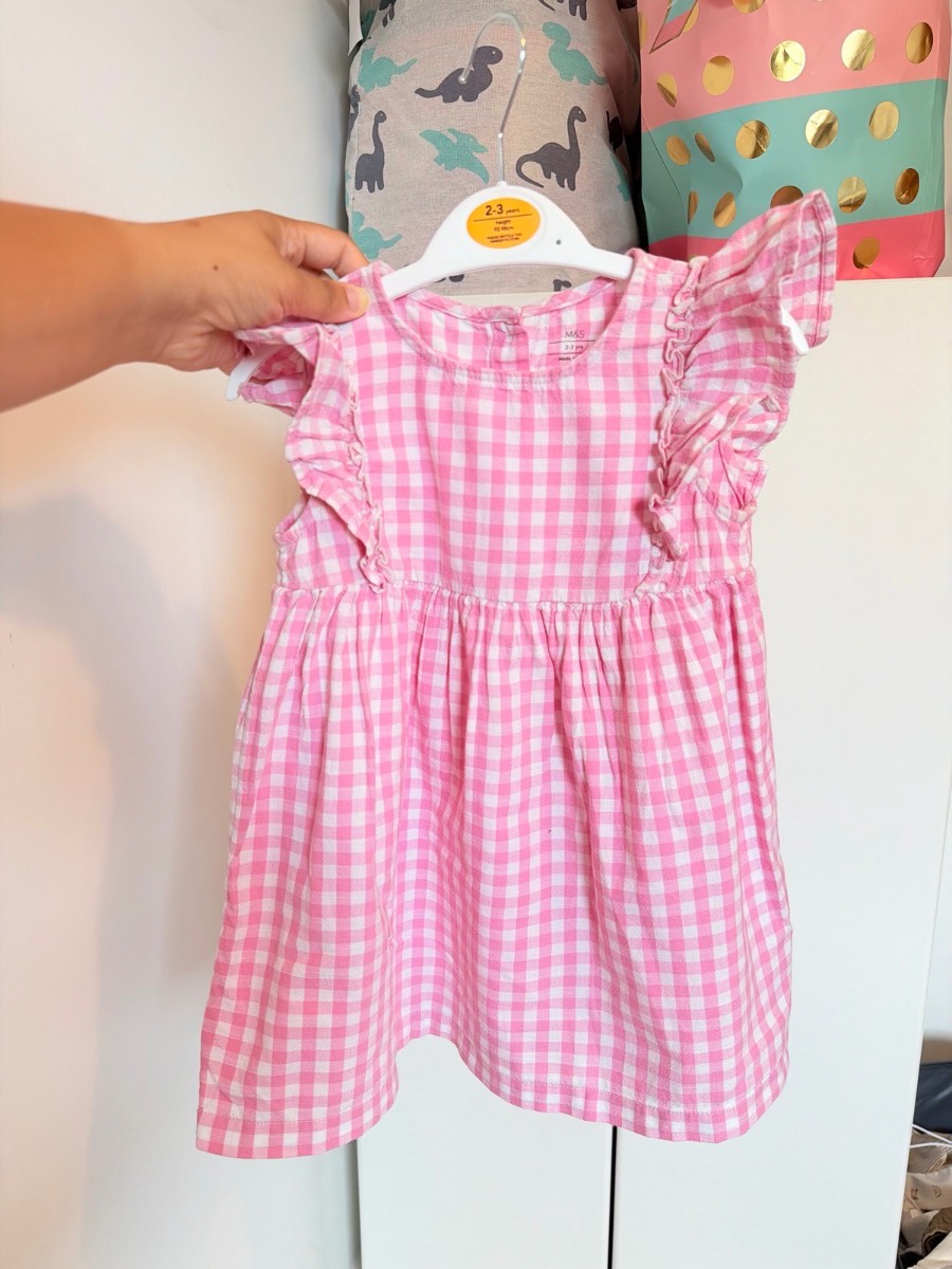 M&S girls pink gingham dress, 2-3 years