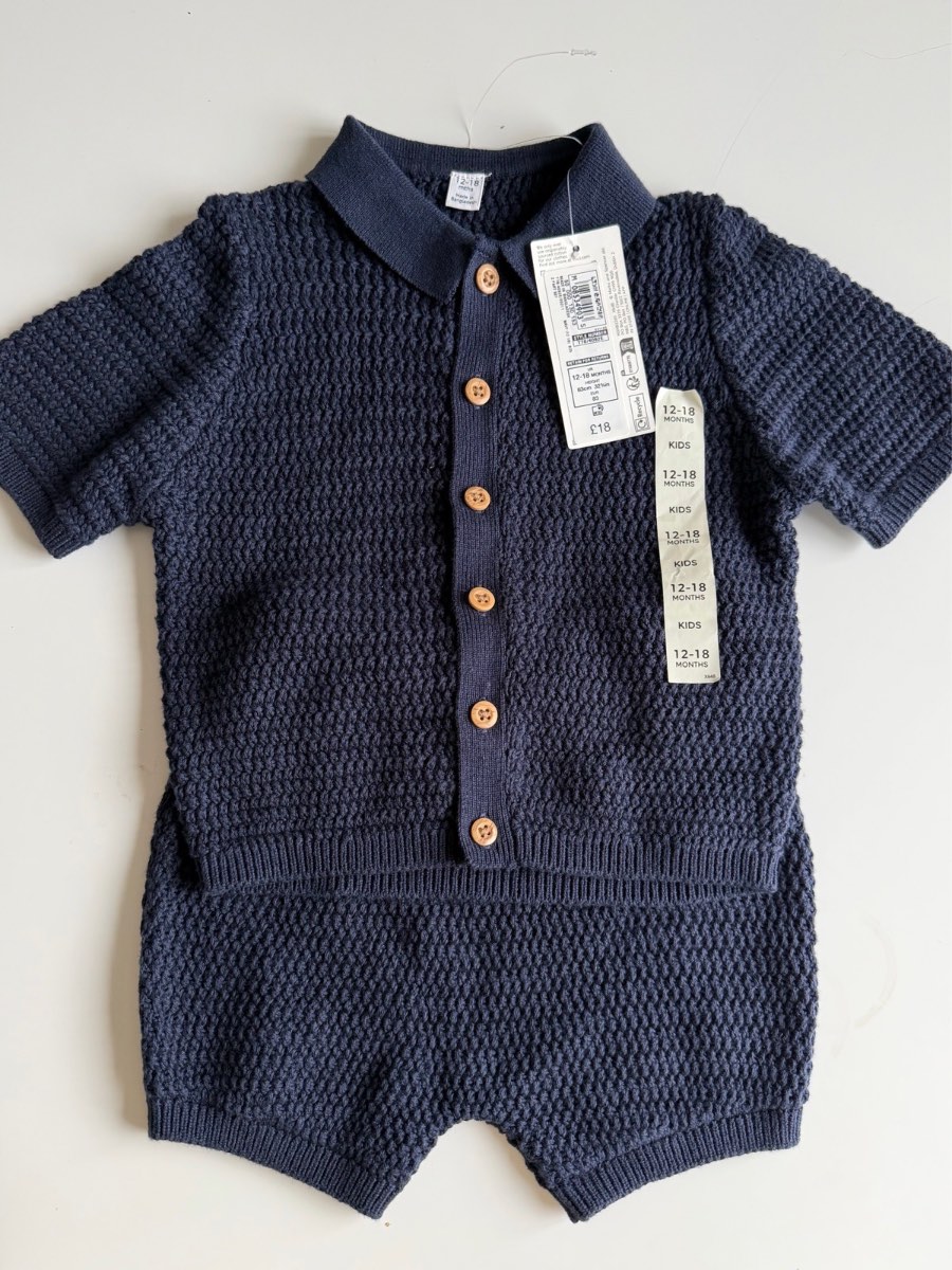 M&S boys blue 2 pc crochet top and shorts, 12-18 months