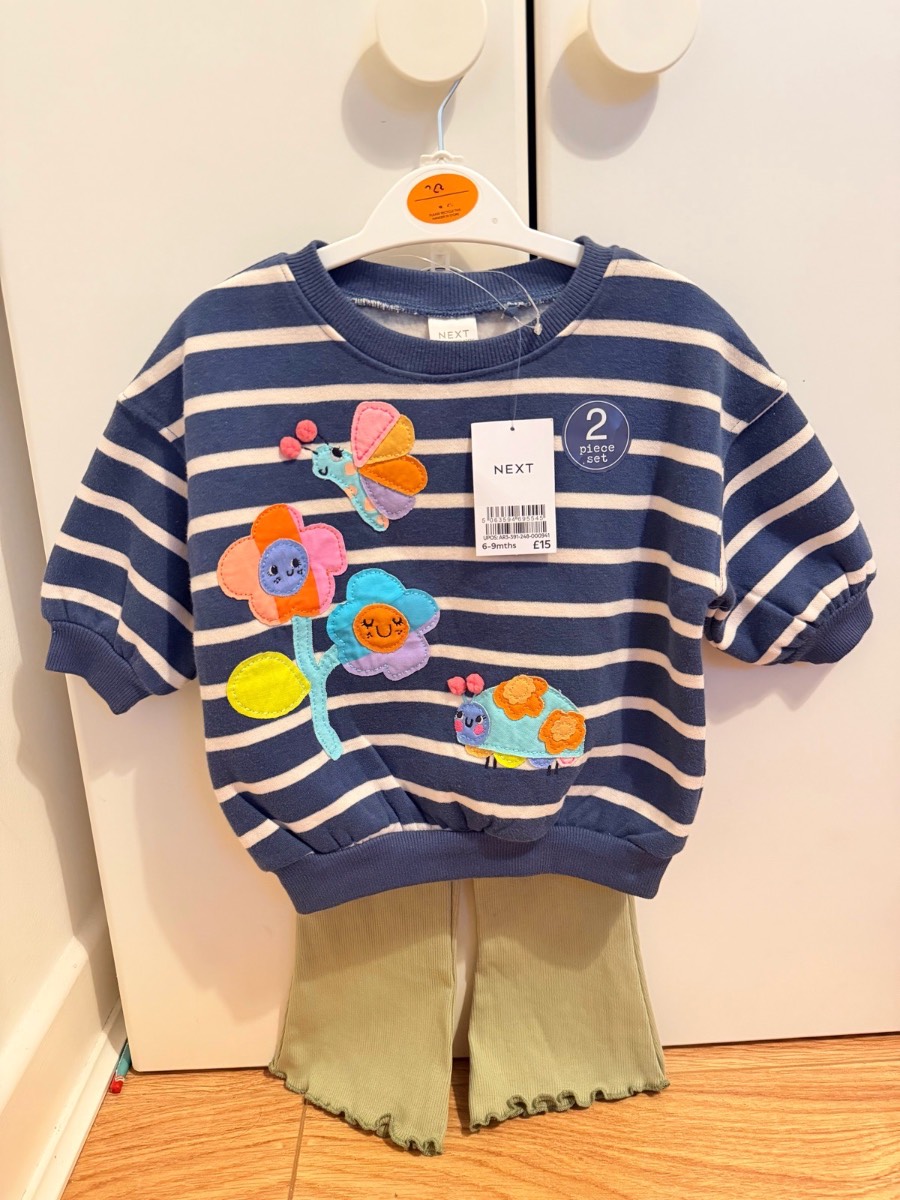 Next girls sweatshirt, striped and floral with flare leggings, 6-9 months RRP £15