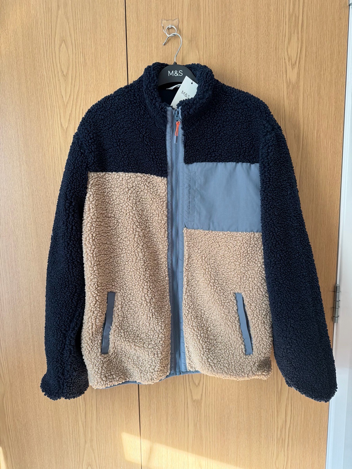 Borg Fleece Jacket Boys Navy Tan Block Zip Up 15-16 Years Boys RRP £32 BNWT