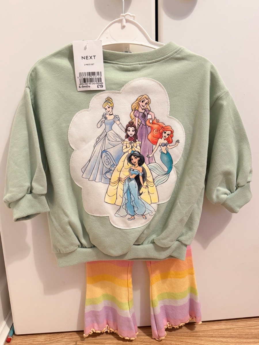 Next x Disney princess sweat shirt and rainbow flare leggings, 6-9 months
