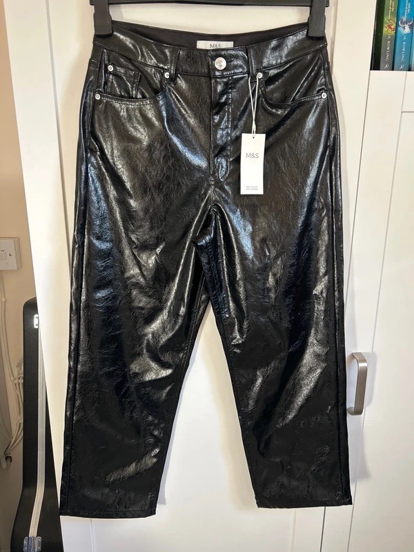 M&S Women Straigh Ankle lengh high-shine faux leather trousers, size 14 long uk