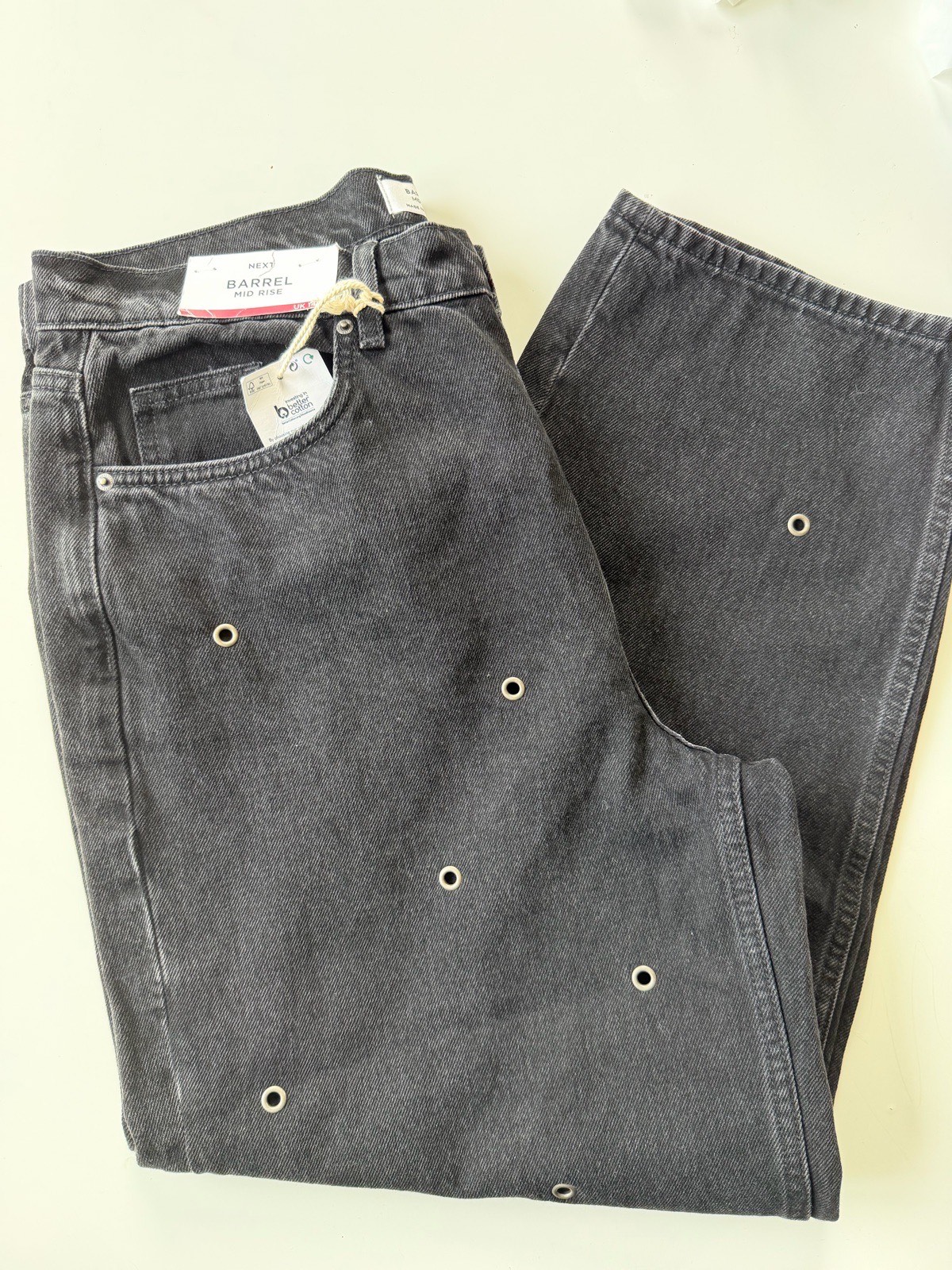 NEXT Women Black Barrel Leg Jeans Mid Rise Eyelet Embellished Size 14 RRP £55