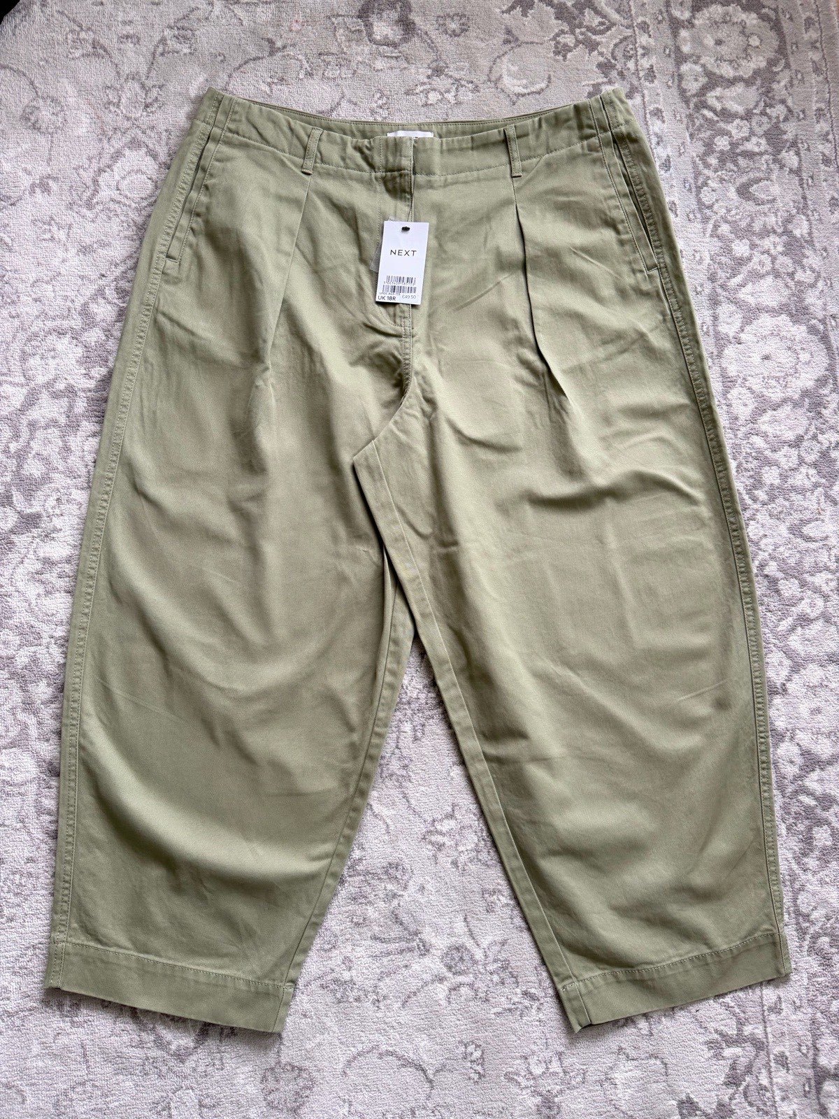 Next Women Khaki Green Cotton Pleated Barrel Chinos Balloon Leg Trousers 18 Reg