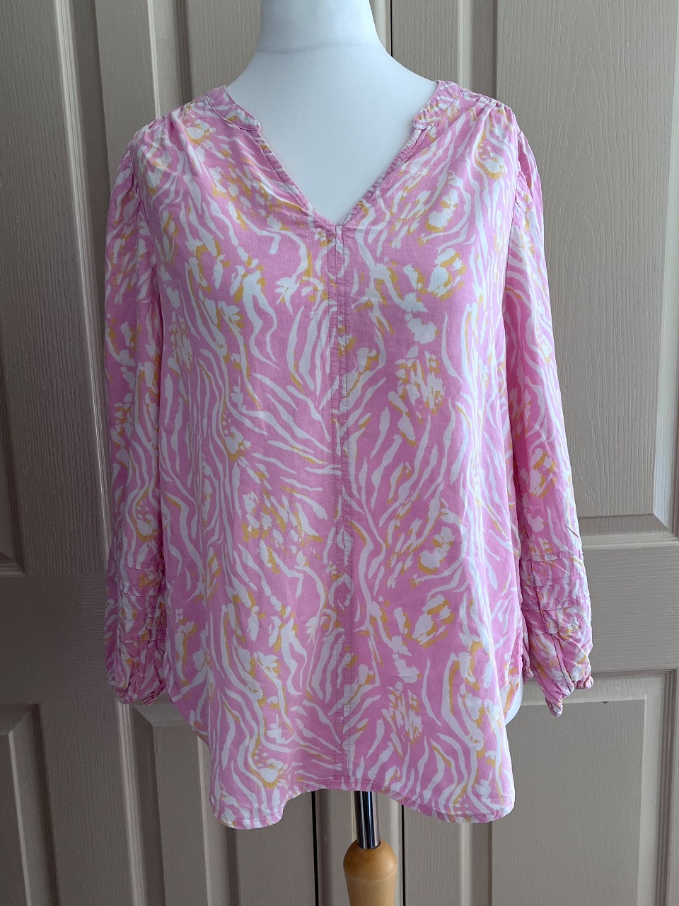 M&S Linen Rich Pink & Yellow Zebra Print V- Neck Tunic Top - Size 12