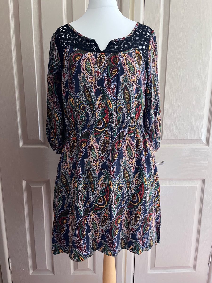 Next Vintage Boho Paisley Mini Dress with Crochet Neckline - Size 12