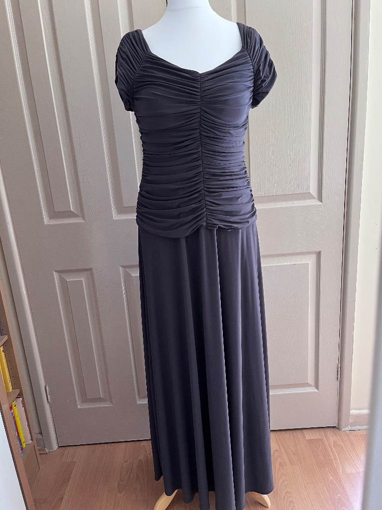 R&M Richards Charcoal Brown Ruched Maxi Dress -Size 12 Elegant Evening Occasion Gown
