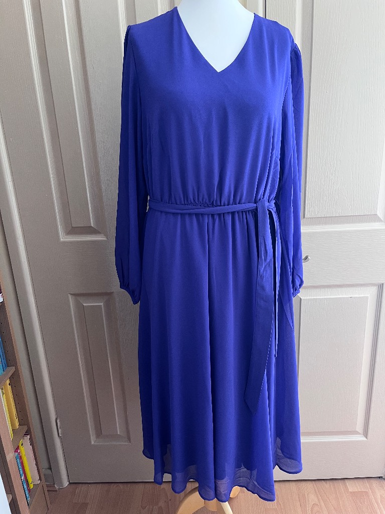 Damart Purple Chiffon Midi Dress Size UK 16 NWT V-Neck Belted Long Sleeve